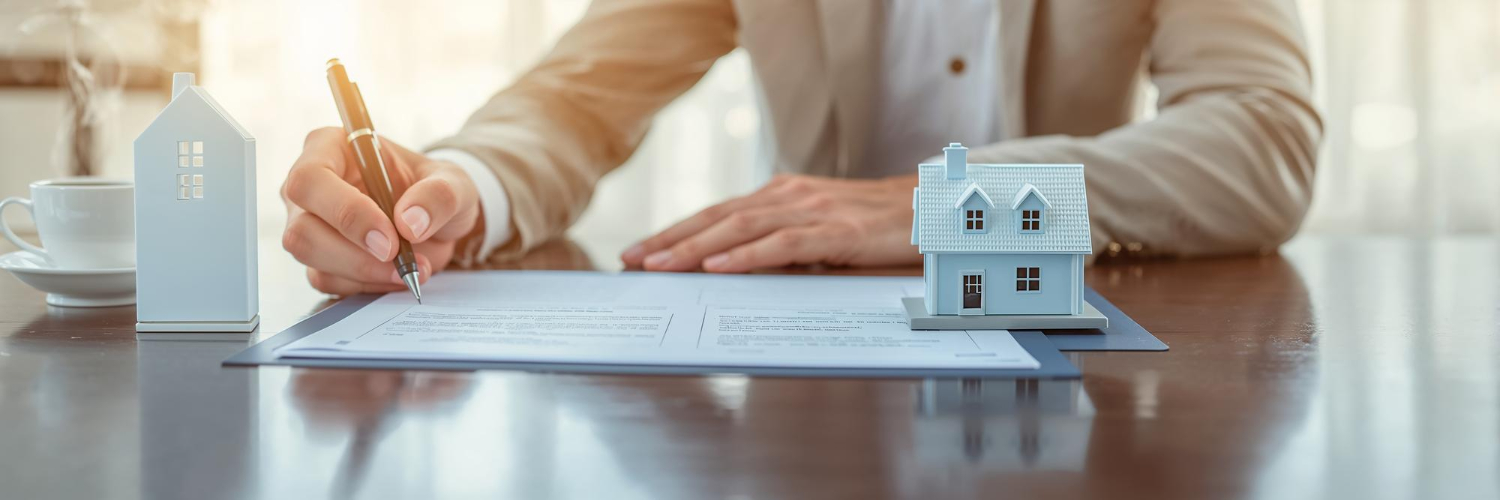 Personne signant un contrat immobilier avec des modèles de maisons miniatures